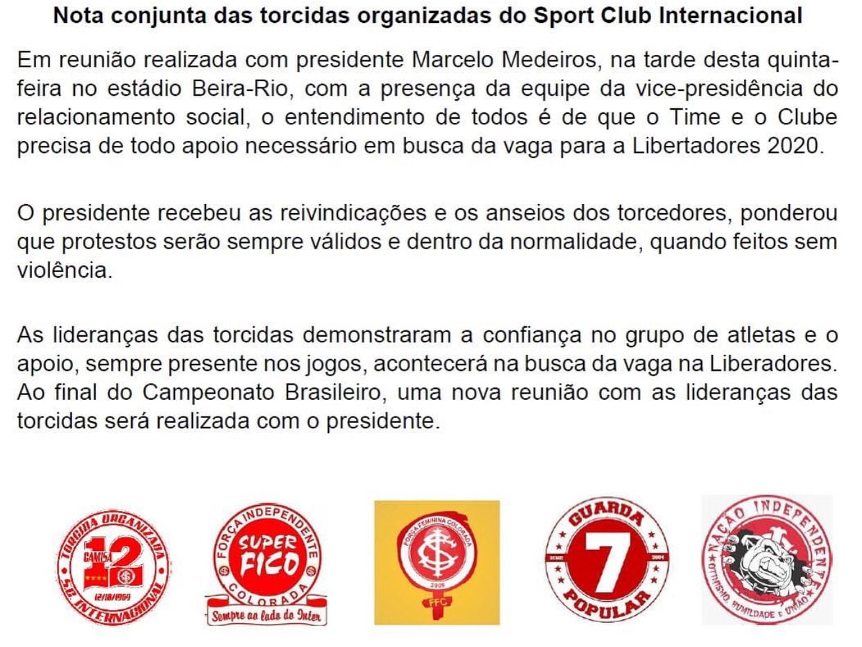 Saiba como foi a reunião do presidente do Inter com as torcidas organizadas nota