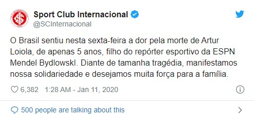 Inter manifesta solidariedade após morte de filho de 5 anos de repórter Inter