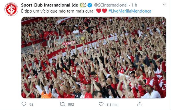Inter aproveita live de Marília Mendonça para interagir com torcedores nas redes sociais Inter