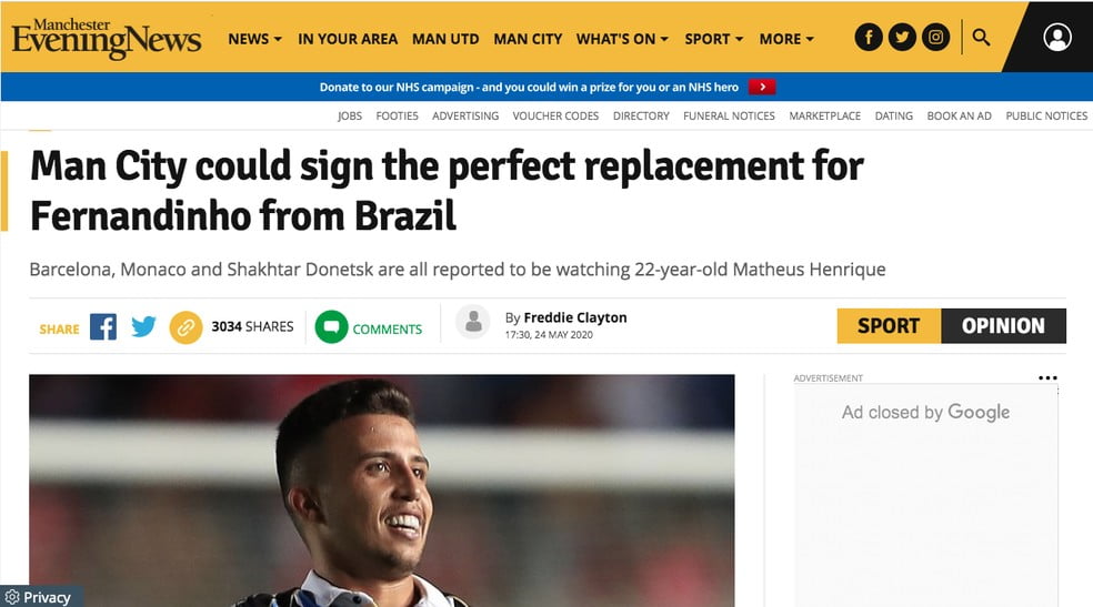 Site inglês coloca o "impressionante" Matheus Henrique na mira do City; Bolzan se pronuncia Matheus Henrique