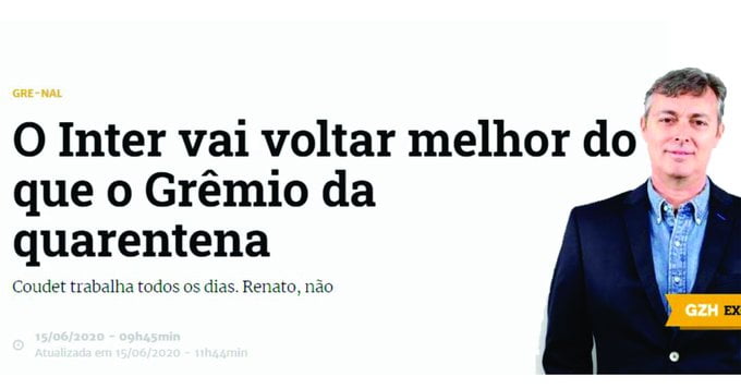 David Coimbra avalia que Inter voltará melhor que o Grêmio após a quarentena David Coimbra