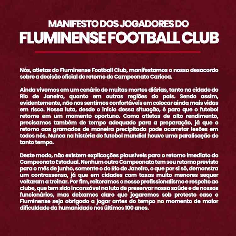 Ex-jogadores do Inter se posicionam contra o retorno do Campeonato Carioca manifesto