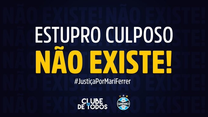 Na web, Grêmio publica manifestação sobre o caso de Mari Ferrer: "Estupro não é e nunca será sem intenção" Grêmio