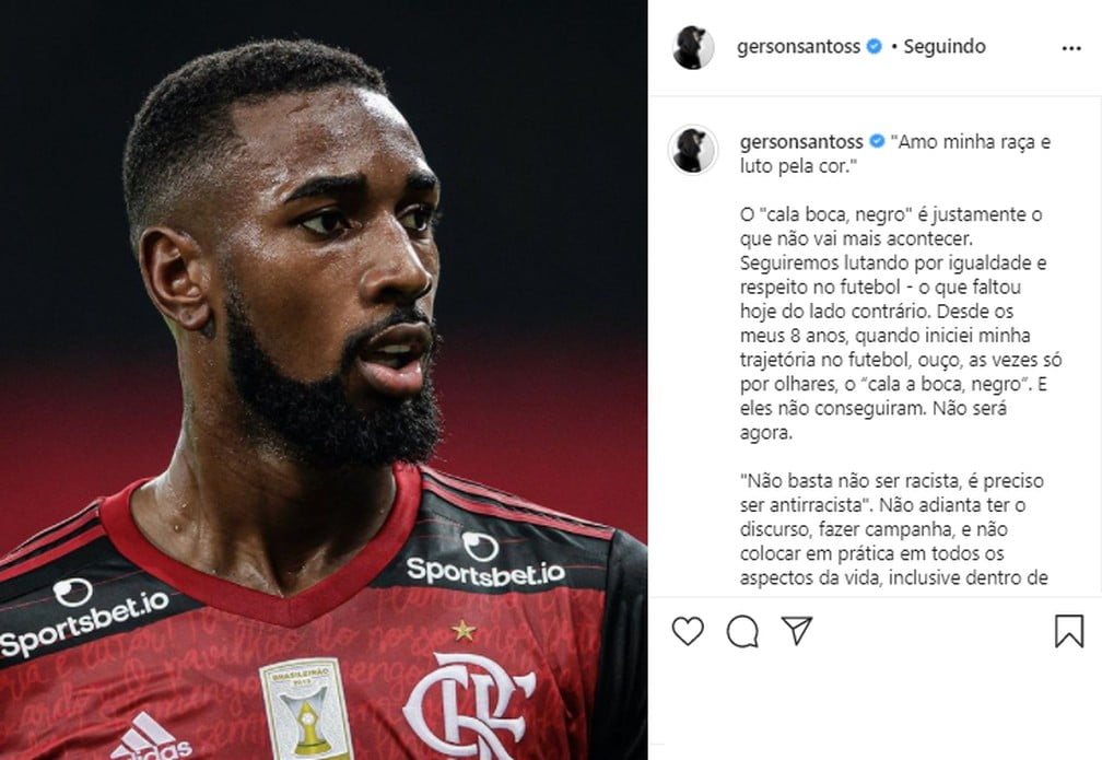 Grêmio se manifesta oficialmente em apoio ao meia Gerson, do Flamengo: "Essa luta não tem cor" Gerson