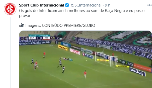 Perfil do Inter no Twitter aproveita bom momento e cria até montagem de gols com som do Raça Negra; assista Inter