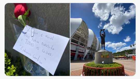 Torcedor do Inter presta homenagem a Alisson e Muriel na estátua de Fernandão: "Deus tem um propósito" Alisson