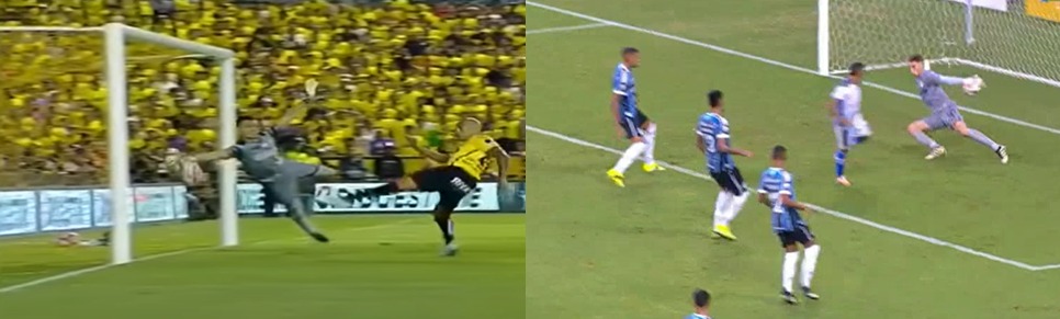 Narrador diz que Brenno lembrou defesa histórica de Marcelo Grohe contra o Barcelona-EQU; compare os lances Grohe
