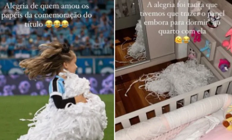 Filha de jogador do Grêmio se encanta com festa do título e leva papel picado da torcida para casa Grêmio