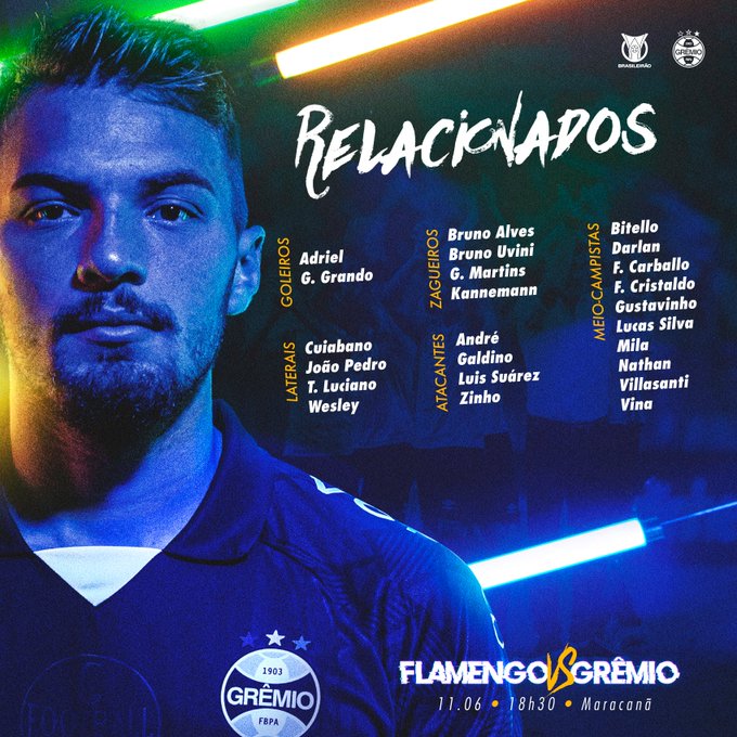 Com desfalque na lateral, veja provável Grêmio, horário, onde assistir e arbitragem contra o Flamengo