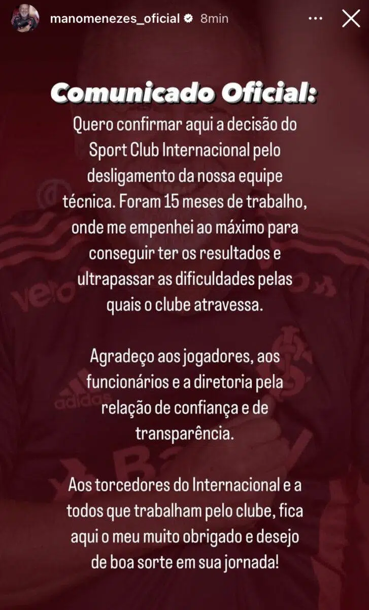 Demitido do comando do Inter, Mano Menezes posta nota de despedida: "Me empenhei ao máximo"