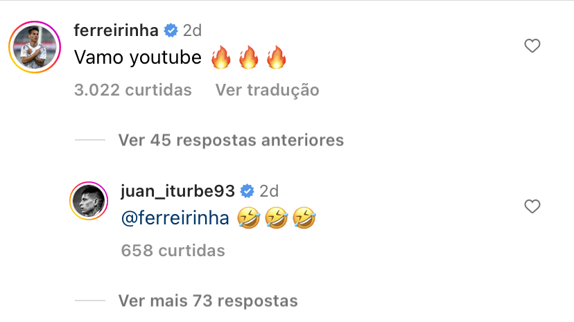 Ferreira tira onda em postagem de Iturbe após primeiro jogo pelo Grêmio: "Vamo YouTube"