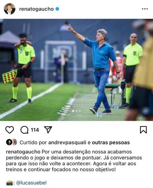 "Já conversamos": Renato se manifesta nas redes sociais após a derrota do Grêmio para o Santos