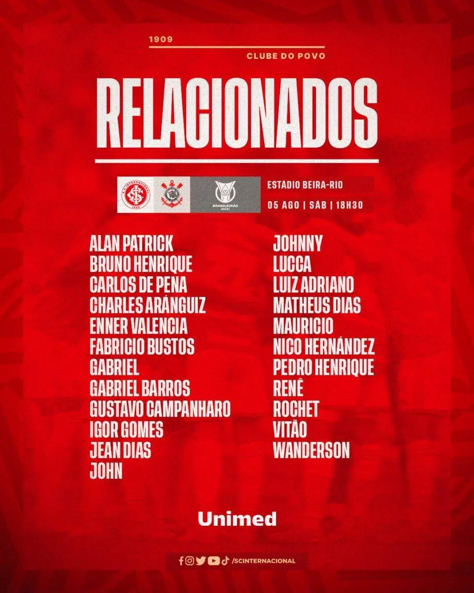 Inter informa ausências de Thauan Lara e Rômulo diante do Corinthians; veja relacionados