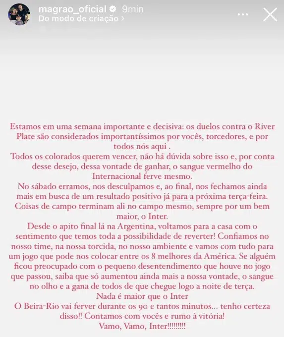 Magrão utiliza rede social para se manifestar sobre o atrito com Enner Valencia: "Erramos"