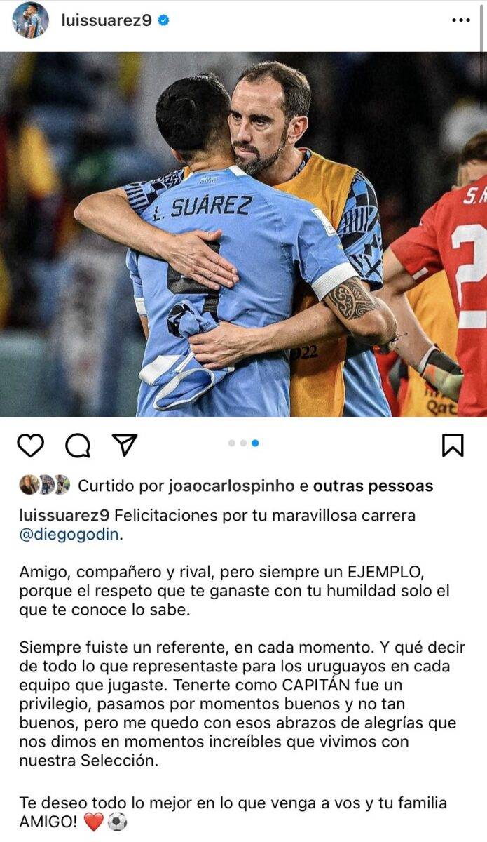 Suárez cita clube brasileiro "fora da curva" e faz homenagem para o amigo Diego Godín