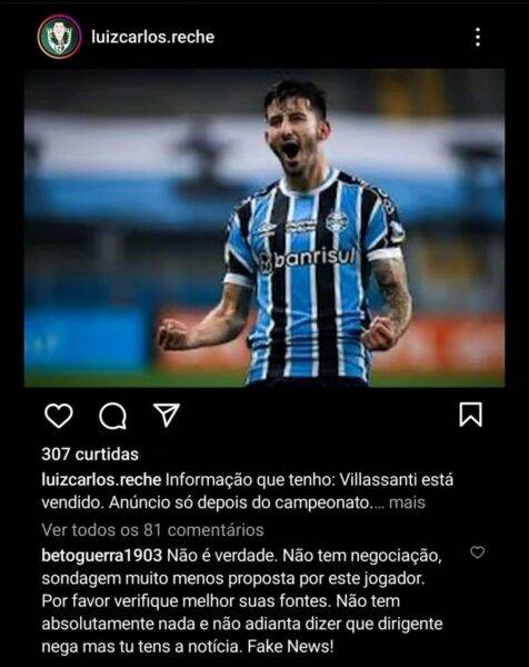 Presidente do Grêmio rebate informação de Reche sobre venda de jogador: "Verifique melhor"