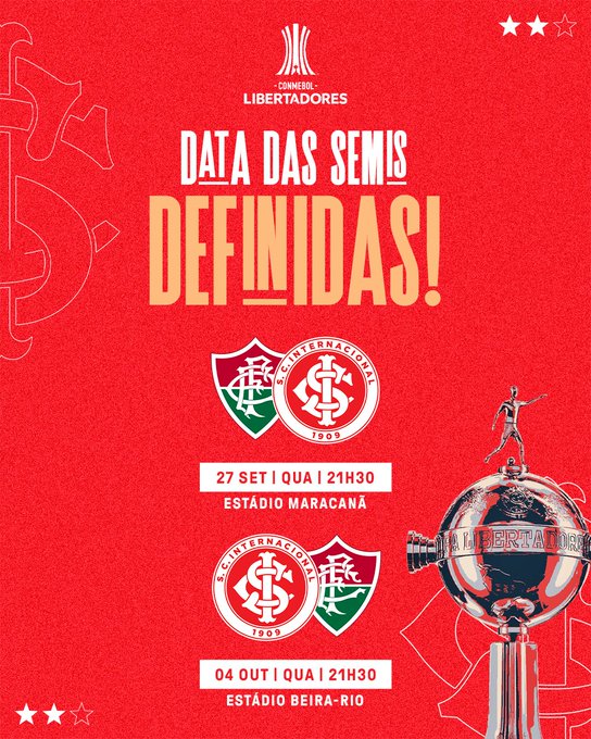Semi da Libertadores entre Inter e Fluminense já tem definição de datas, horários e transmissão