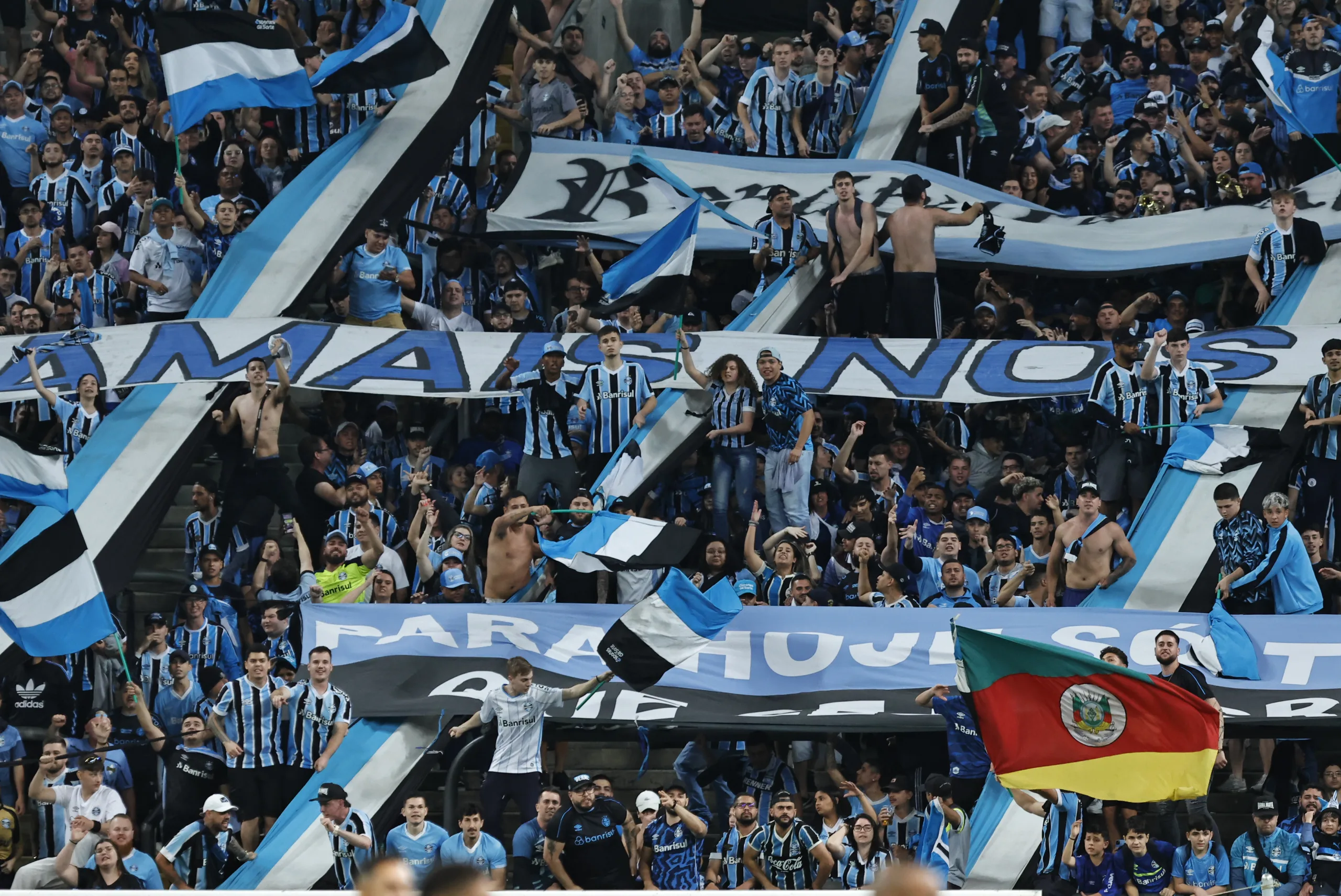 Grêmio x Santos: mesmo com apelos de Mano Menezes e Felipão, expectativa de público é baixa Torcedores gremistas durante partida entre Grêmio x Flamengo, válida pela 29ª rodada do Brasileirão série A 2023.