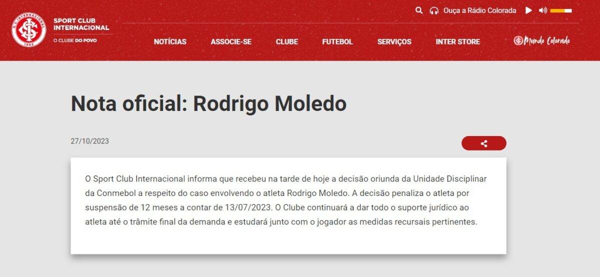 Conmebol anuncia punição de 12 meses para Rodrigo Moledo; Inter solta nota oficial