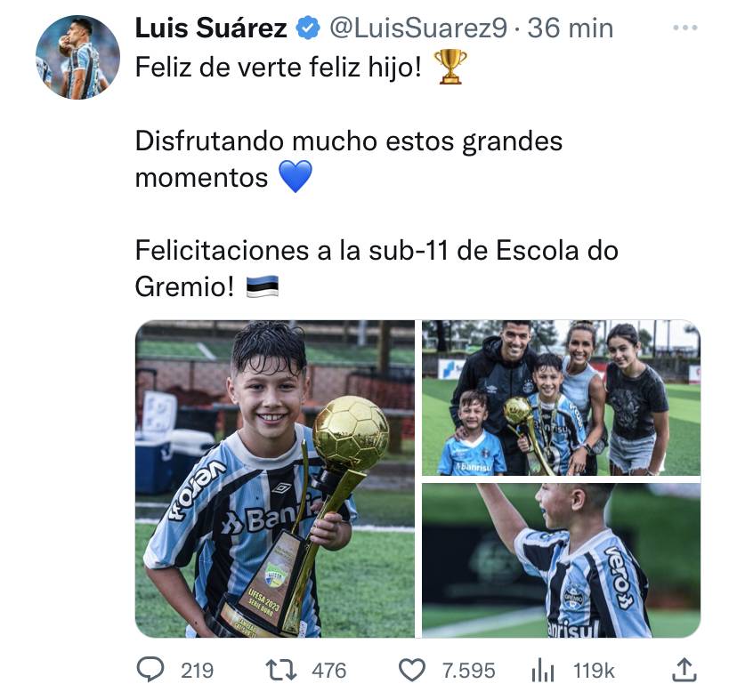 Suárez e esposa deixam recados nas redes sociais horas antes da despedida na Arena do Grêmio
