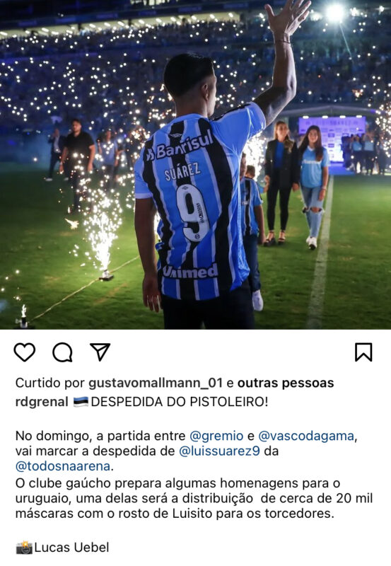 Grêmio prepara homenagem que envolve a torcida na partida de despedida de Suárez na Arena