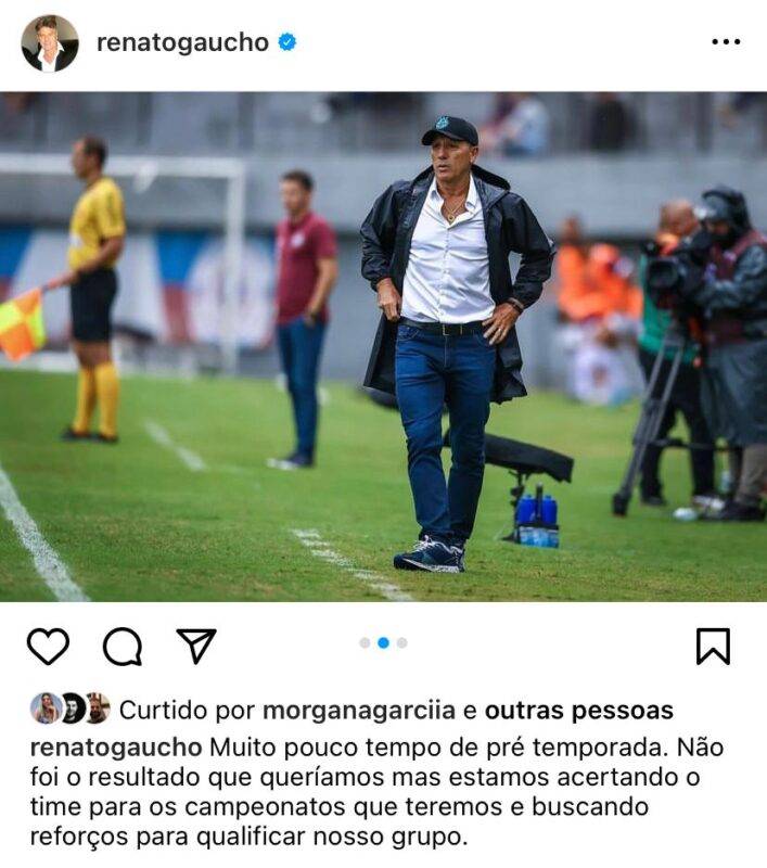 Renato usa rede social para justificar a derrota do Grêmio no primeiro jogo oficial de 2024