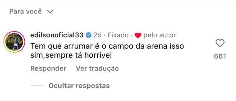 Ex-Grêmio, Edilson cobra melhorias no gramado da Arena para 2024: "Está sempre horrível"