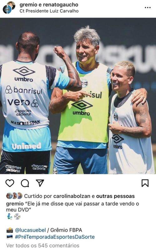 Grêmio brinca com imagem de Renato e Soteldo durante treinamento: "Vai ver meu DVD"