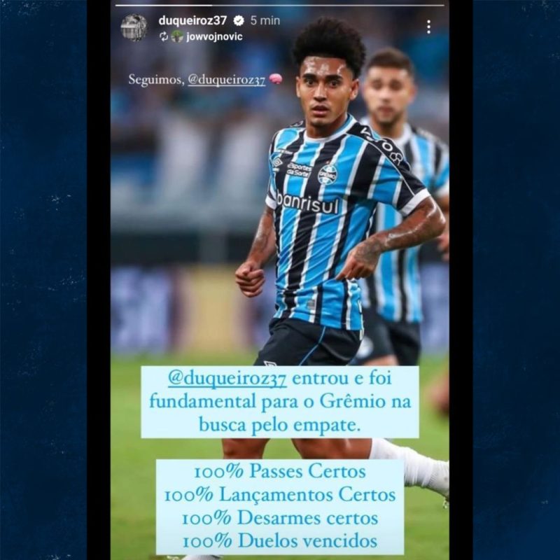 "Fundamental para o empate": Du Queiroz compartilha post sobre sua atuação em jogo do Grêmio