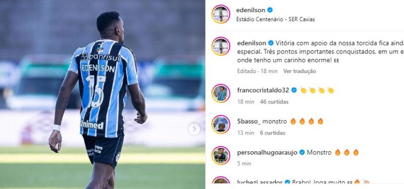Novidade no Grêmio, Edenilson se manifesta na web após a vitória sobre o Fluminense