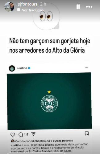 Ex-assessor do Grêmio ironiza notícia da saída de Carlos Amodeo no Coritiba; veja o post