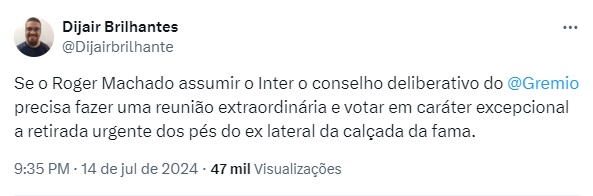 Torcedor do Grêmio viraliza ao pedir "retirada" de Roger da calçada da fama se acertar com o Inter