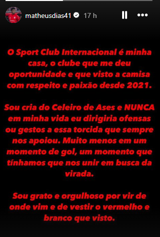 Jogador do Inter se manifesta e nega ter ofendido torcedores depois do gol de empate