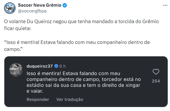 Pediu silêncio? Jogador do Grêmio se manifesta sobre possível irritação com a torcida