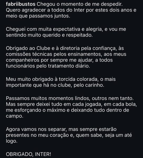 Anunciado no River Plate, Bustos publica despedida ao Inter: "Quem sabe, um até logo"