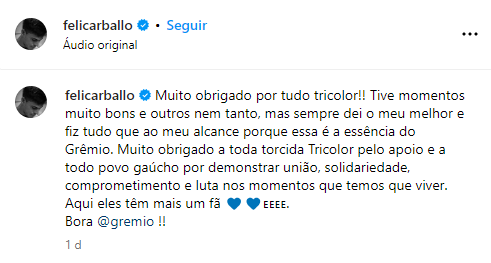 Narrador critica passagem de Carballo pelo Grêmio e vê rendimento abaixo do esperado