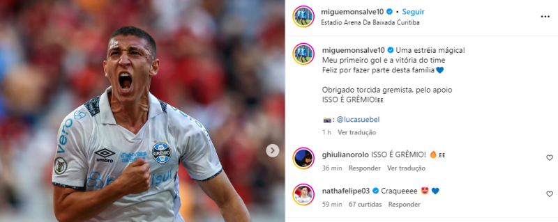 Monsalve se manifesta na web após fazer estreia com gol e vitória: "Isso é Grêmio"