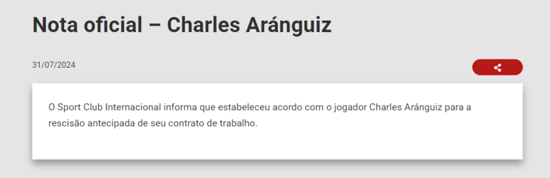 Após Aránguiz, direção do Inter oficializa a saída de mais um jogador do elenco