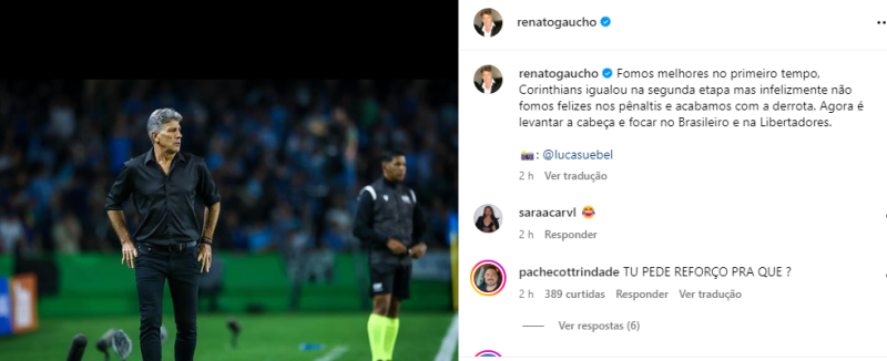 A manifestação de Renato no dia seguinte à eliminação do Grêmio na Copa do Brasil