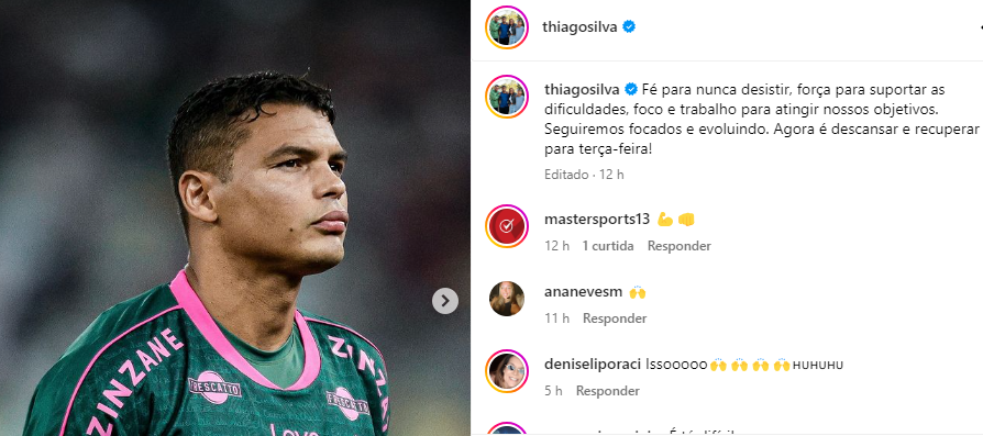 Na web, Thiago Silva repercute empate do Fluminense e já mira a terça-feira contra o Grêmio