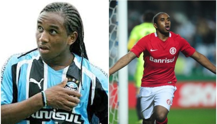 Foto no formato montagem com o jogador Anderson em dois tempos lado a lado: na esquerda Anderson atuando pelo Grêmio com a camiseta do clube e na foto no lado direito é Anderson, tempos depois com a camiseta do Inter atuando pelo clube.