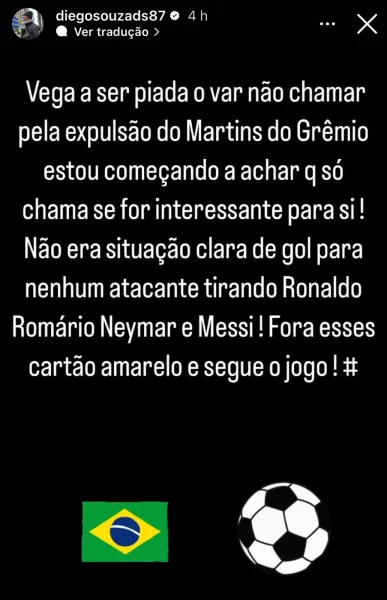 Diego Souza detona expulsão de jogador do Grêmio e faz insinuação sobre o VAR: "Começando a achar"