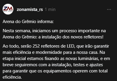 Arena do Grêmio inova com modernização inédita e inicia instalação de novos refletores de LED