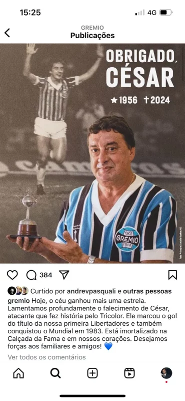 Na web, Renato lamenta a morte de ídolo do Grêmio: "A vida nos prega peças"