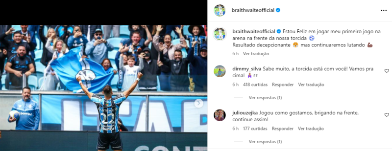 Braithwaite mostra dois sentimentos em post na web após jogar na Arena do Grêmio