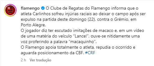 Flamengo publica nota oficial contra suposto caso de racismo da torcida do Grêmio