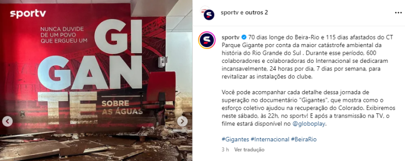 SporTV mostrará documentário sobre o trabalho do Inter na recuperação do Beira-Rio; saiba como assistir