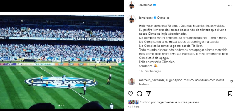 Cria do Grêmio que morou no Olímpico emociona em post na web: "Tristeza de hoje"