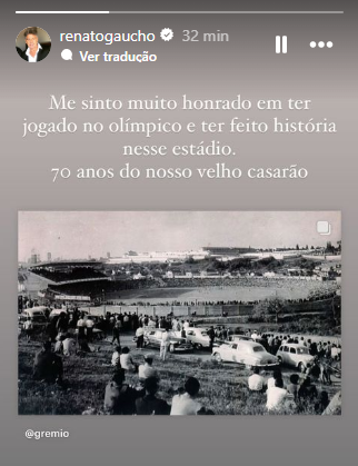 A mensagem publicada por Renato no aniversário de 70 anos do Estádio Olímpico