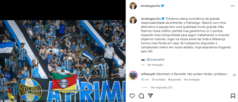 Renato diz que Grêmio brigaria pelo G-4 se tivesse a Arena o ano inteiro: "Faz a diferença"